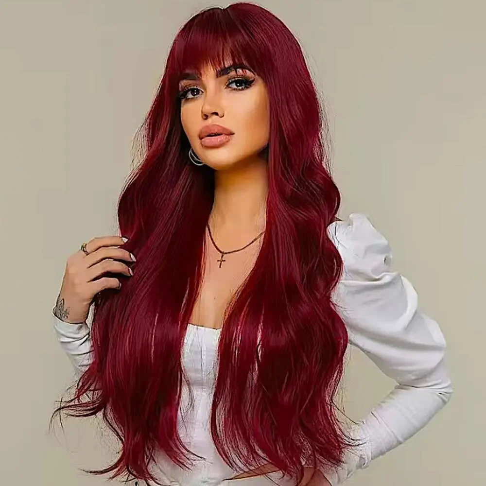 Dark Red Gradient Wig, Long Layer, Bangs 28 Inches, Wavy, Party, Vacation